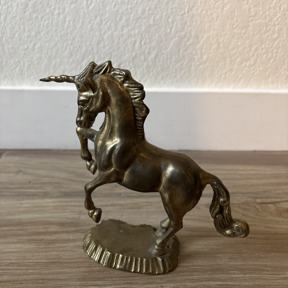 Vintage Solid Brass Unicorn Statue Figurine Rearing Horse Figure Home Decor